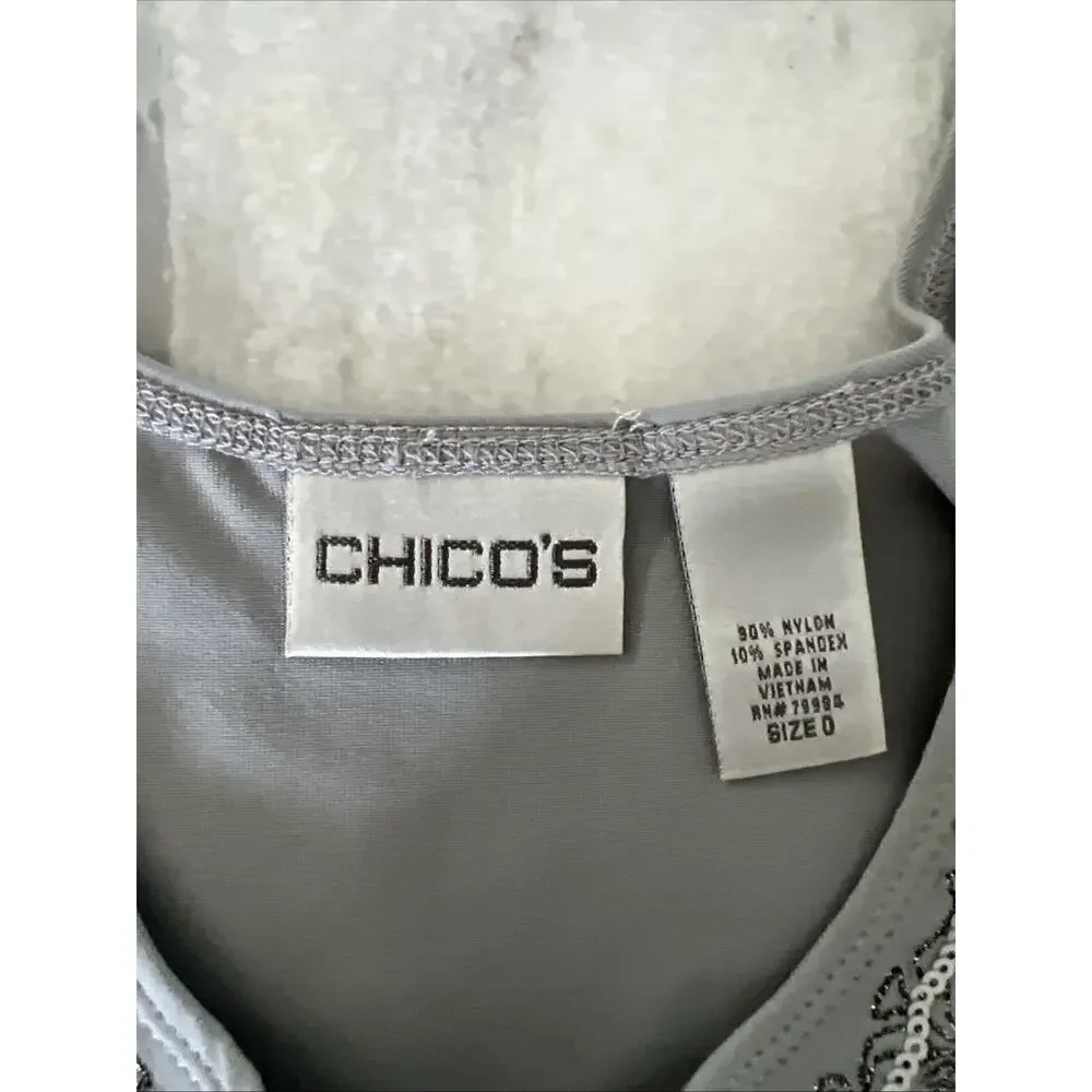 Chico's 0 (Small)Top Tank Top Silver Embellished Neck Wide Straps Dressy Sequins
